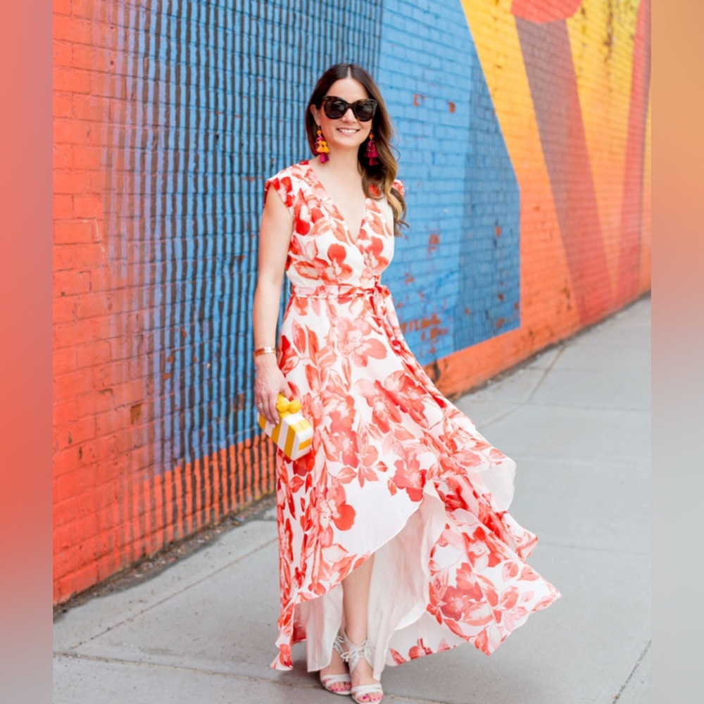 Eliza J Red Watercolor Floral Wrap Maxi Dress w/ Waist Tie Size 8P NEW